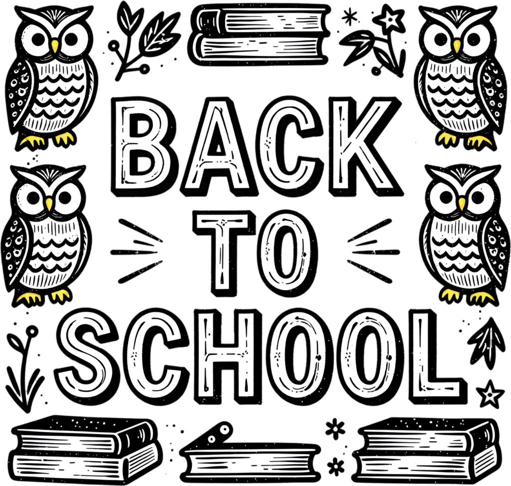 Whimsical owl-themed Back to School typography, featuring books and stars, a charming illustration clipart PNG 1 - Whimsical owl-themed Back to School typography, featuring books and stars, a charming illustration clipart PNG Free PNG Download
