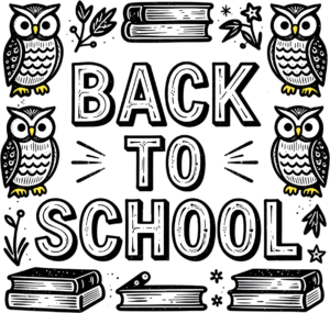 Whimsical owl-themed Back to School typography, featuring books and stars, a charming illustration clipart PNG
