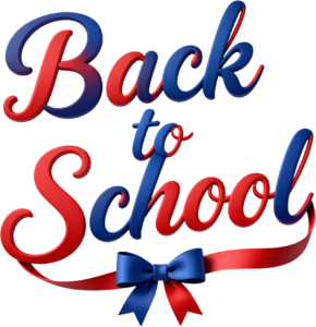 Elegant cursive Back to School script, adorned with a blue and red ribbon, a stylish illustration clipart PNG
