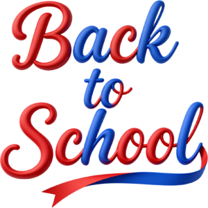 Graceful cursive Back to School text, highlighted with a flowing red and blue ribbon, a sleek illustration clipart PNG