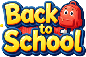 Lively cartoon Back to School title, showcasing a friendly red backpack character, a playful illustration clipart PNG