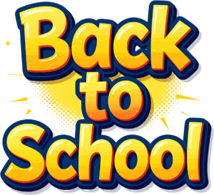 Dynamic yellow and orange Back to School lettering, a bold illustration with halftone pattern clipart PNG