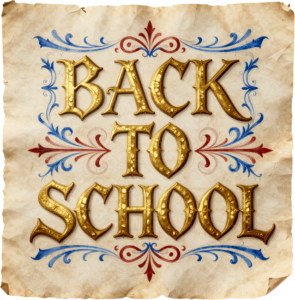 Regal golden Back to School lettering, set on vintage parchment with intricate flourishes, a grand illustration clipart PNG