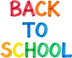 Bright crayon-drawn Back to School text, showcasing a vibrant multi-color palette, a fun illustration clipart PNG