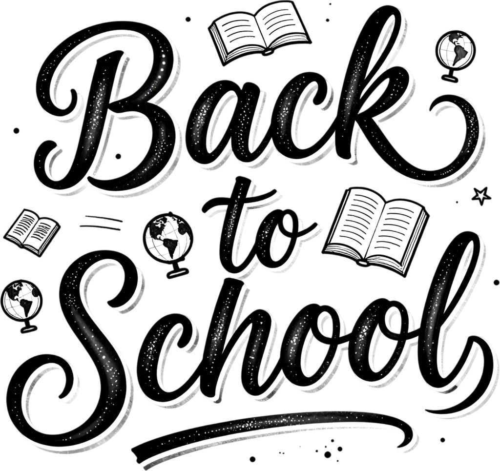 Artistic black and white Back to School script, with globes and open books, a scholarly illustration clipart PNG 1 - Artistic black and white Back to School script, with globes and open books, a scholarly illustration clipart PNG Free PNG Download