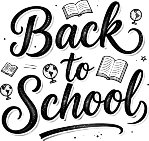 Artistic black and white Back to School script, with globes and open books, a scholarly illustration clipart PNG
