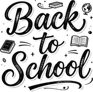 Stylish monochrome Back to School calligraphy, adorned with books and abstract elements, a contemporary illustration clipart PNG