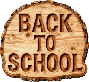 Engraved wooden Back to School sign, presented on a natural tree slice, a unique illustration clipart PNG
