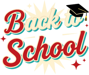 Retro-style Back to School graphic, featuring a graduation cap and starburst background, a nostalgic illustration clipart PNG