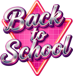 Futuristic chrome Back to School lettering, set against a neon pink grid triangle, a bold illustration clipart PNG