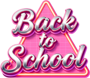 Glossy chrome Back to School design, shimmering against a vibrant pink grid background, a sleek illustration clipart PNG