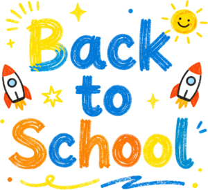 Playful crayon-textured “Back to School” wordmark clipart, a bright PNG graphic for festive educational designs.