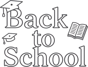 Design with this clean outline “Back to School” wordmark clipart, a versatile PNG graphic for academic coloring pages.