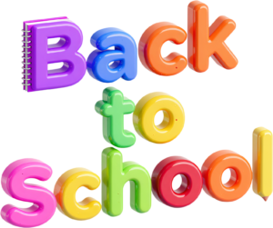 Spark joy with this playful 3D “Back to School” wordmark, a glossy PNG clipart for children’s educational stationery.