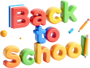 Energize learning with this vibrant 3D “Back to School” wordmark, a glossy PNG clipart for educational printables.