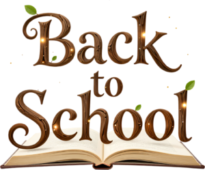 Embark on learning with this magical wood grain “Back to School” wordmark, a glowing PNG clipart for literary event decor.