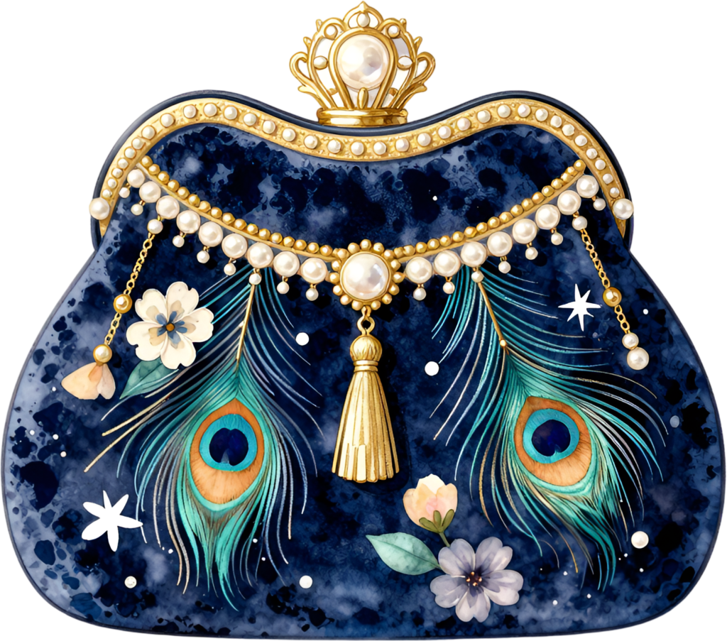Peacock clutch purse clipart showcases elegant blue design with pearls, perfect for wedding Bride PNG projects.