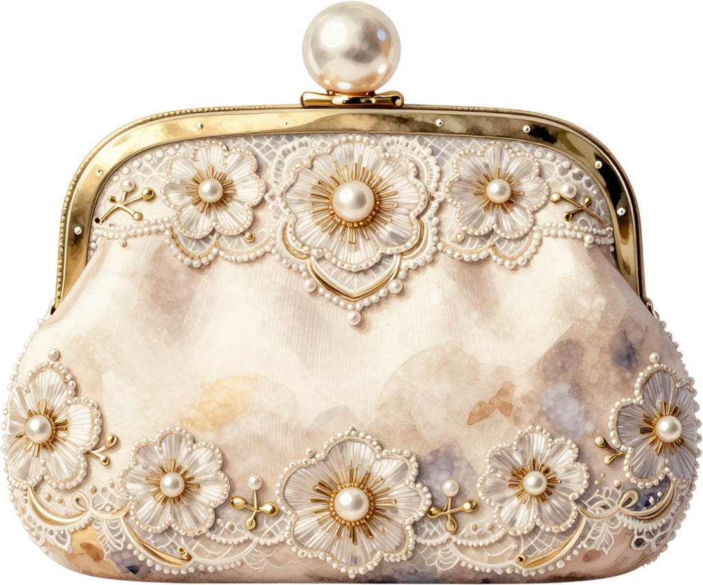 Elegant cream clutch purse, an exquisite design with intricate lace, pearls, and gold floral motifs, ideal for sophisticated Bride PNG clipart.