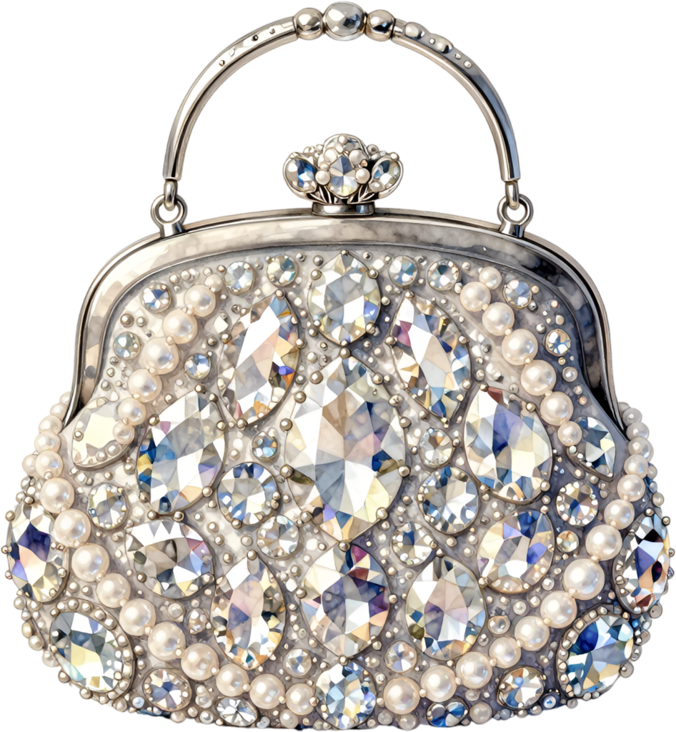 Dazzling jewel-encrusted evening bag, a sparkling design with diamonds and pearls, perfect for glamorous Bride PNG clipart.