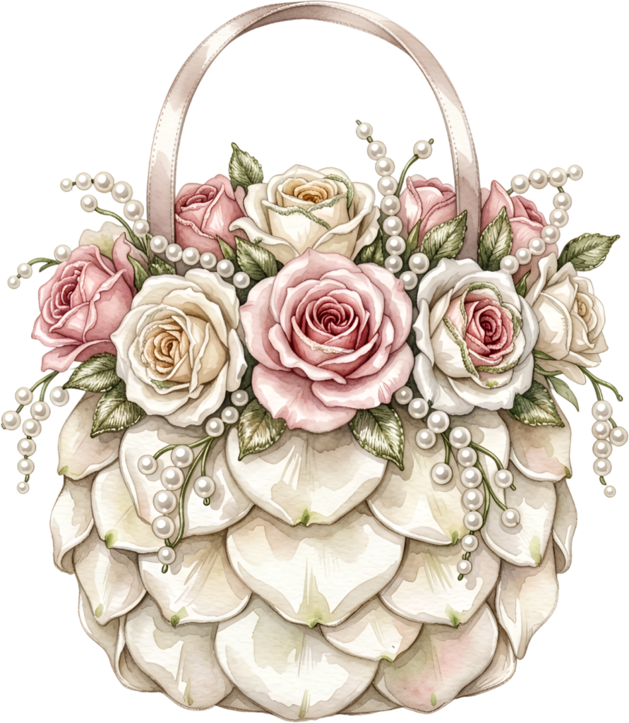 Delicate rose petal basket, filled with beautiful blossoms and draped pearls, excellent for enchanting Bride PNG clipart.