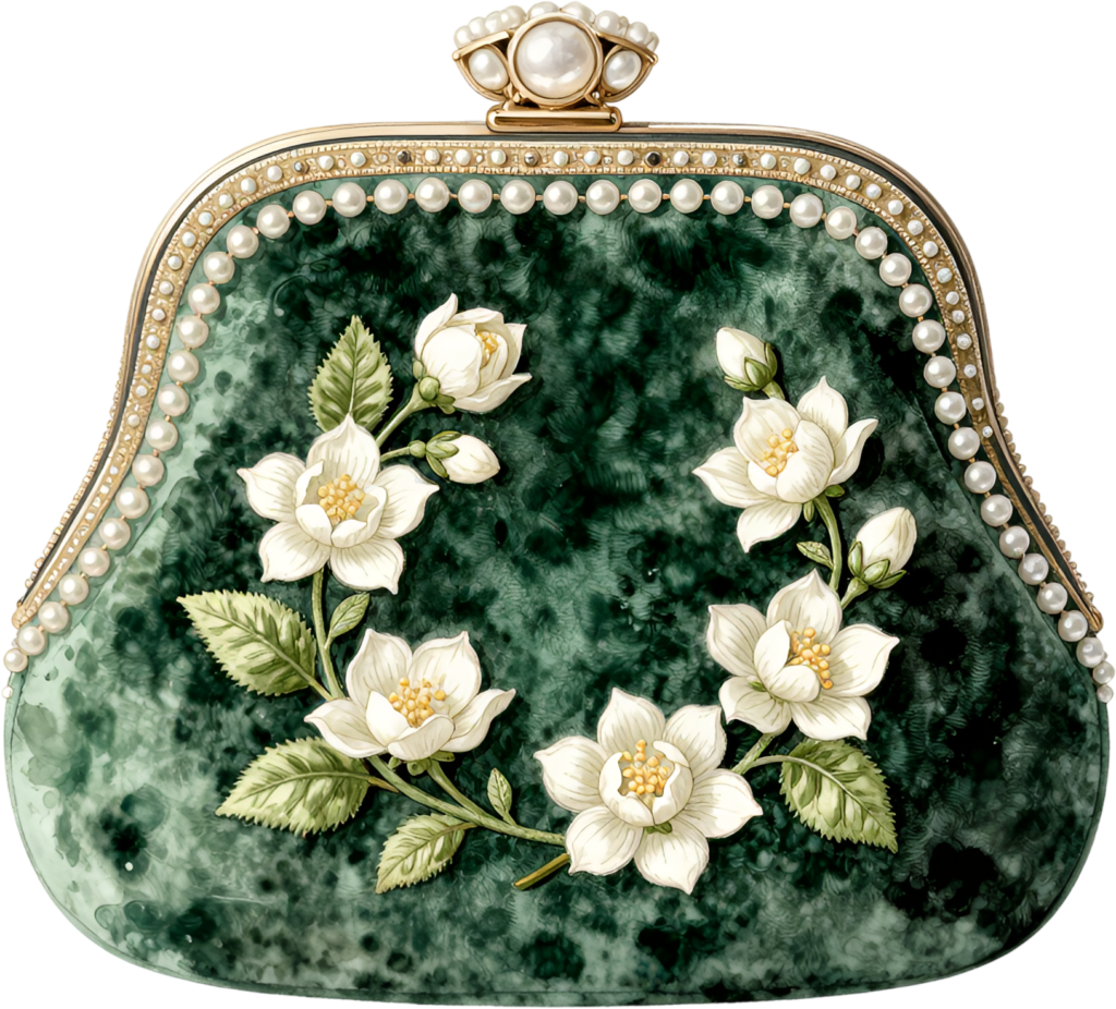 Luxurious emerald green clutch, featuring elegant white magnolia flowers and a pearl-lined frame, ideal for refined Bride PNG clipart.