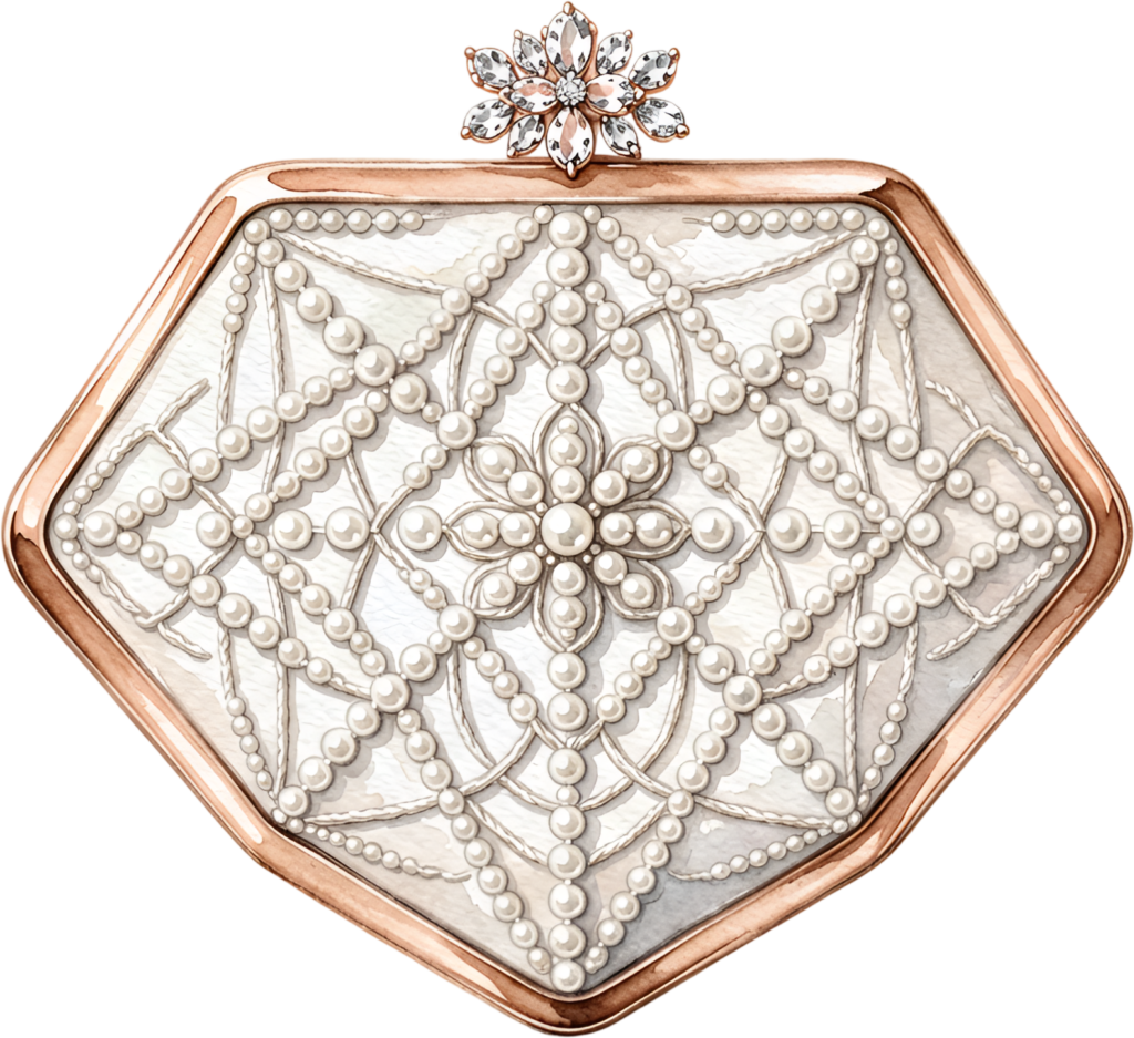 Geometric rose gold clutch, showcasing a unique hexagonal pearl lattice design with sparkling gems, perfect for chic Bride PNG clipart.