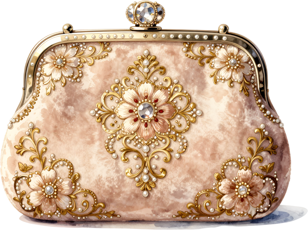 Romantic blush pink clutch purse, adorned with intricate gold and pearl floral motifs, ideal for elegant Bride PNG clipart.
