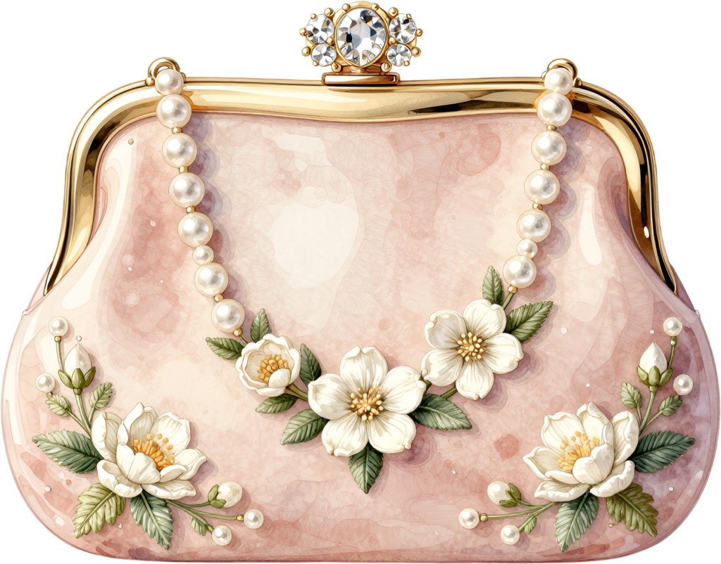 Springtime cherry blossom evening bag, a delicate pink design with pearls and white flowers, wonderful for charming Bride PNG clipart.