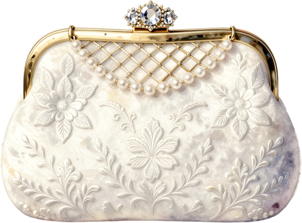 Elegant Clutch for Women, a stunning bridal PNG accessory with pearl and diamond clipart design