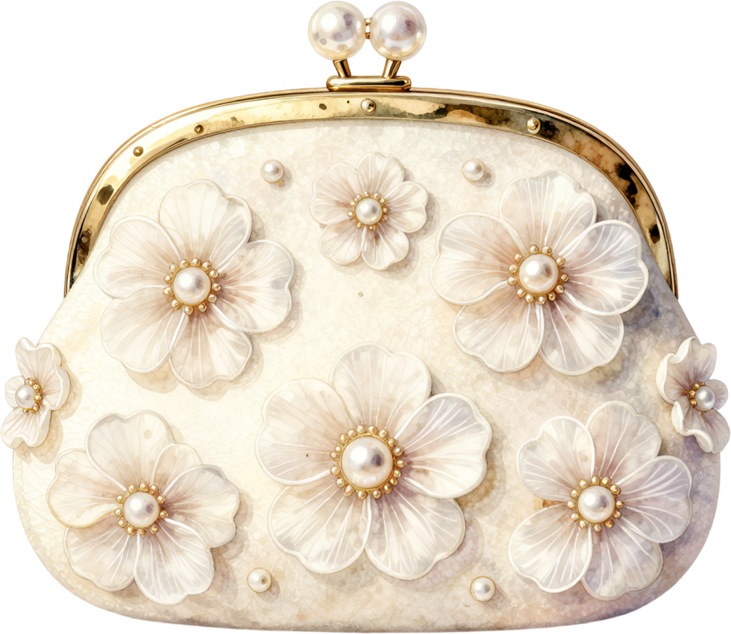Exquisite Handbag adorned with delicate 3D floral details, an essential PNG for elegant women’s clipart collections