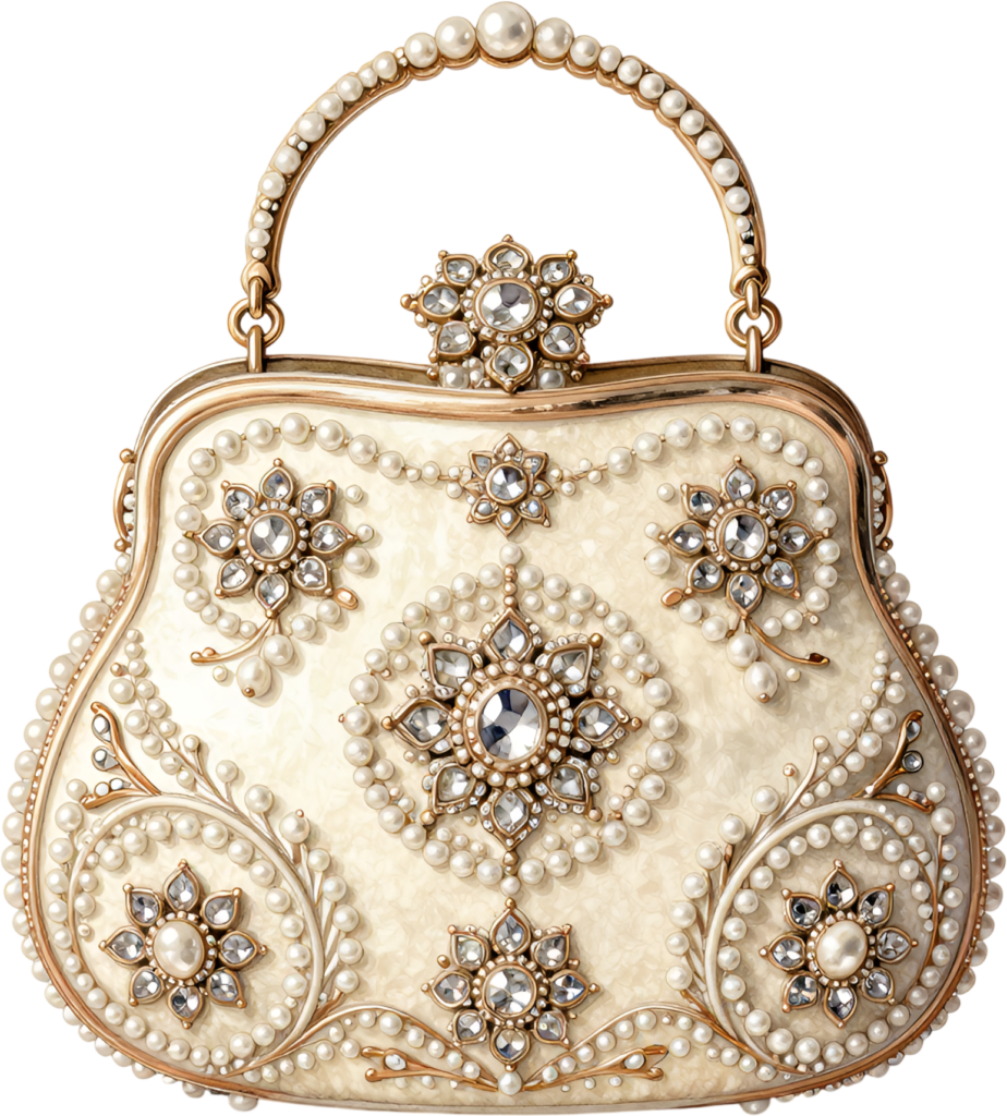 Luxurious Evening Bag with elaborate pearl and rhinestone embellishments, ideal PNG for women’s glamour clipart