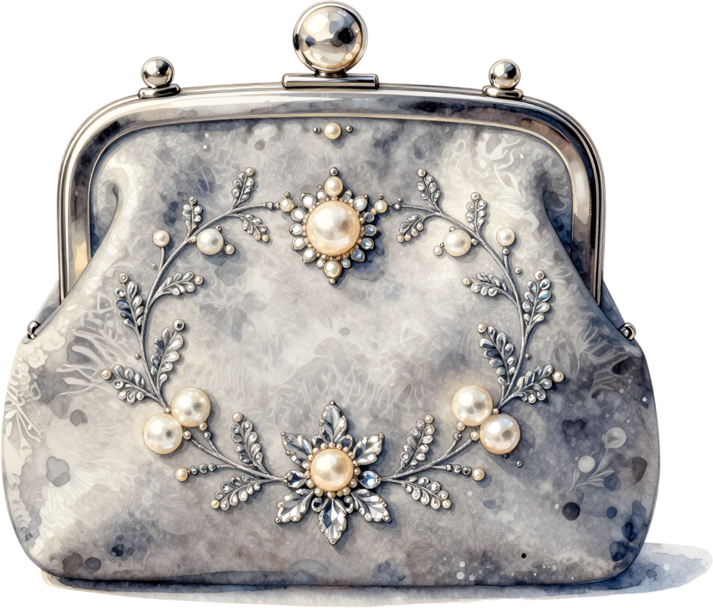 Sophisticated silver pearl handbag, featuring an elegant grey floral wreath design with intricate gems, perfect for glamorous Bride PNG clipart.