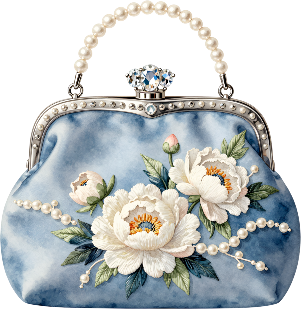 Dreamy blue peony clutch purse, showcasing large white flowers and a pearl handle, lovely for charming Bride PNG clipart.