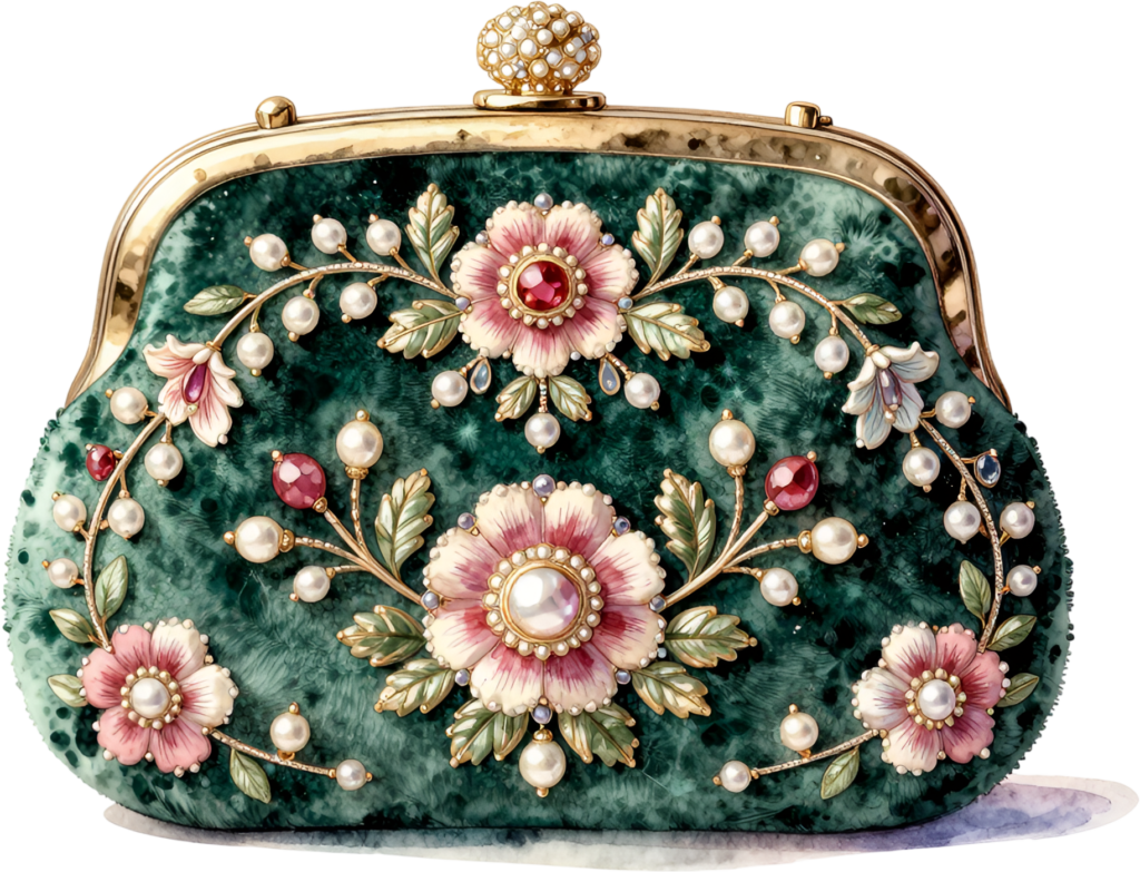 Rich emerald floral clutch purse, opulent gold, pearls, and ruby gems, perfect for luxurious Bride PNG clipart.
