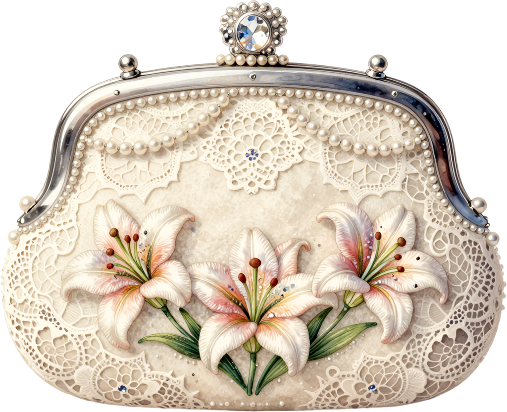 Graceful lace lily clutch purse, exquisite cream design with pearls and white flowers, ideal for delicate Bride PNG clipart.