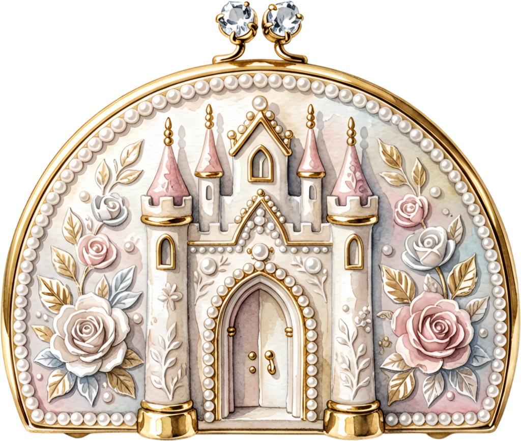 Whimsical castle clutch purse, fairytale design with roses and pearls, perfect for dream wedding Bride PNG clipart.