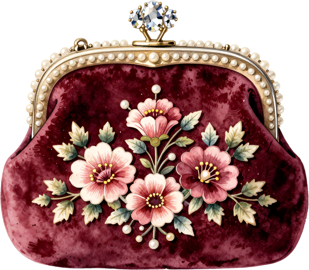 Classic maroon velvet purse, an elegant embroidered floral design with pearls, perfect for rich, traditional Bride PNG clipart.
