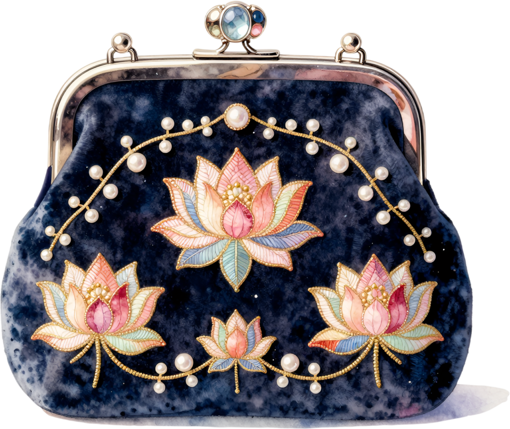 Unique navy lotus clutch purse, featuring colorful embroidered flowers with pearls, ideal for bohemian Bride PNG clipart.