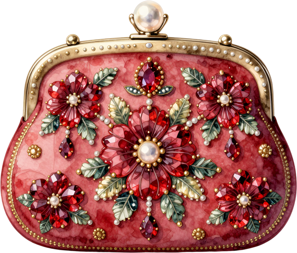 Glamorous ruby floral evening bag, sparkling gems, gold leaves, and pearls, wonderful for elegant Bride PNG clipart.