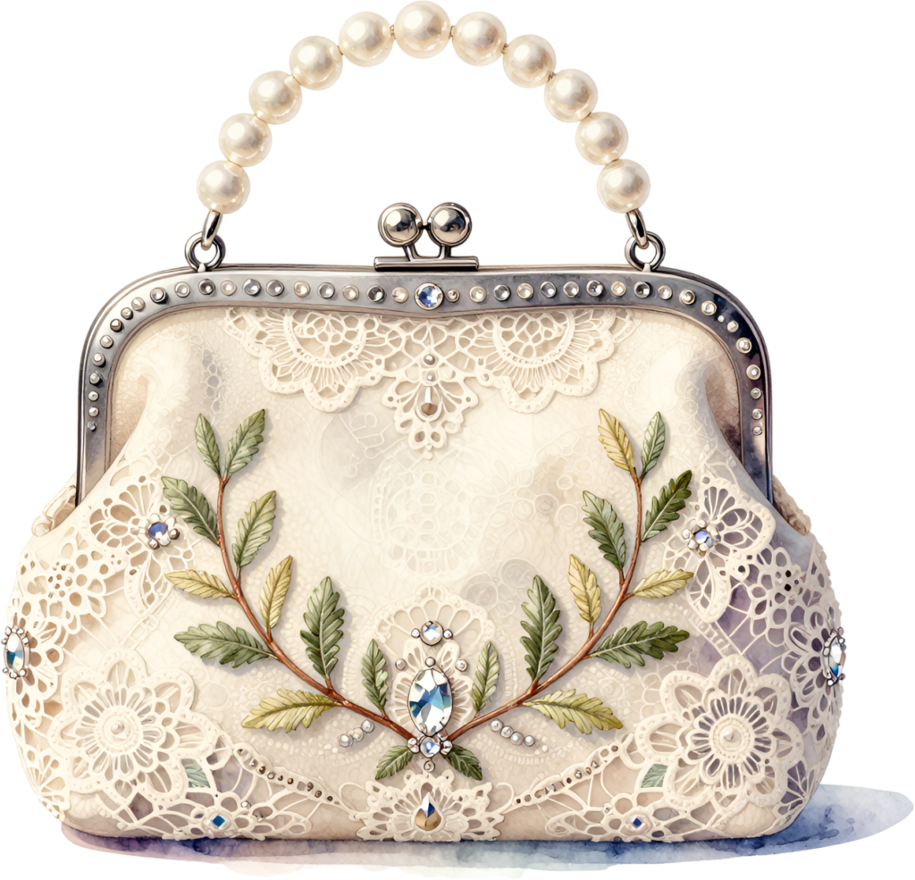 Timeless lace wreath clutch purse, elegant cream design with pearls and olive leaves, perfect for classic Bride PNG clipart.