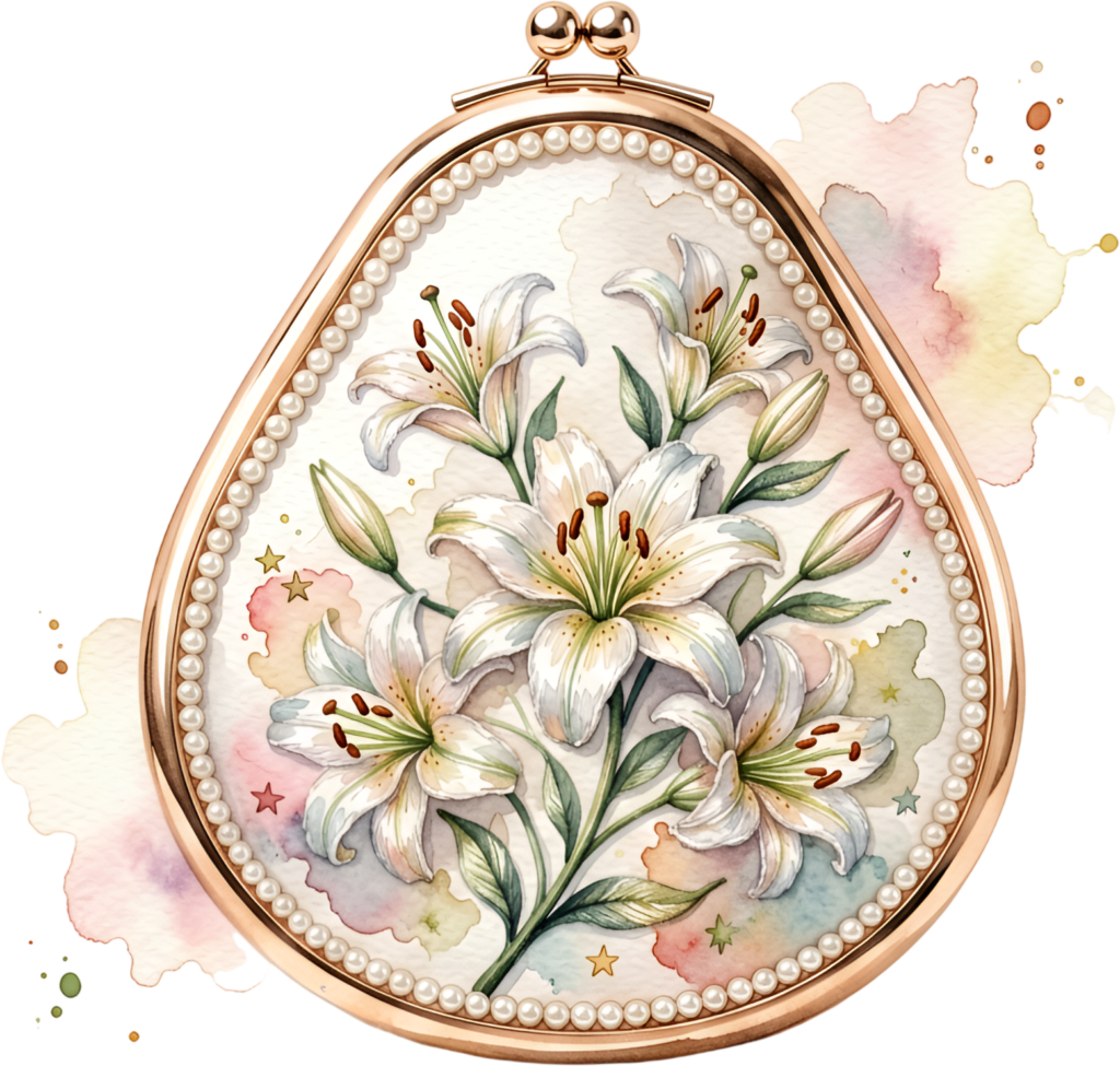 Artistic lily watercolor evening bag, a beautiful teardrop frame with pearls, lovely for creative Bride PNG clipart projects.
