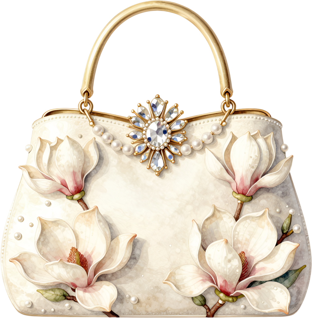 Beautiful magnolia handbag, featuring elegant white flowers and a pearl brooch, perfect for sophisticated Bride PNG clipart.
