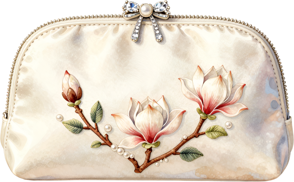 Delicate magnolia pouch clutch, charming cream design with soft flowers and pearls, lovely for elegant Bride PNG clipart.