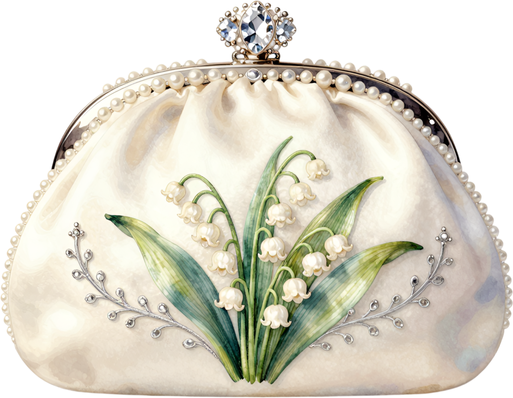 Ethereal Lily of the Valley clutch, a soft ruched design with pearls and gems, ideal for delicate Bride PNG clipart.