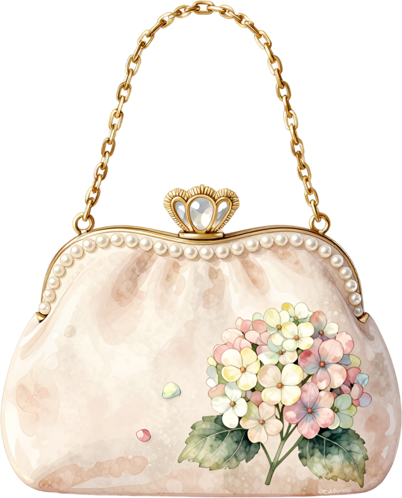 Charming hydrangea clutch purse, lovely ruched design with pearls and chain, excellent for artistic Bride PNG clipart.