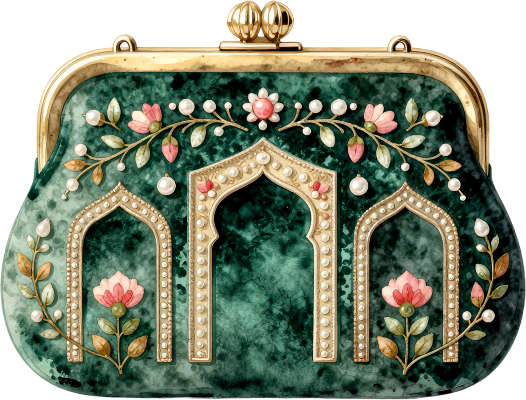Unique Moroccan arch clutch purse, an exquisite emerald green design with pearls, perfect for cultural Bride PNG clipart.