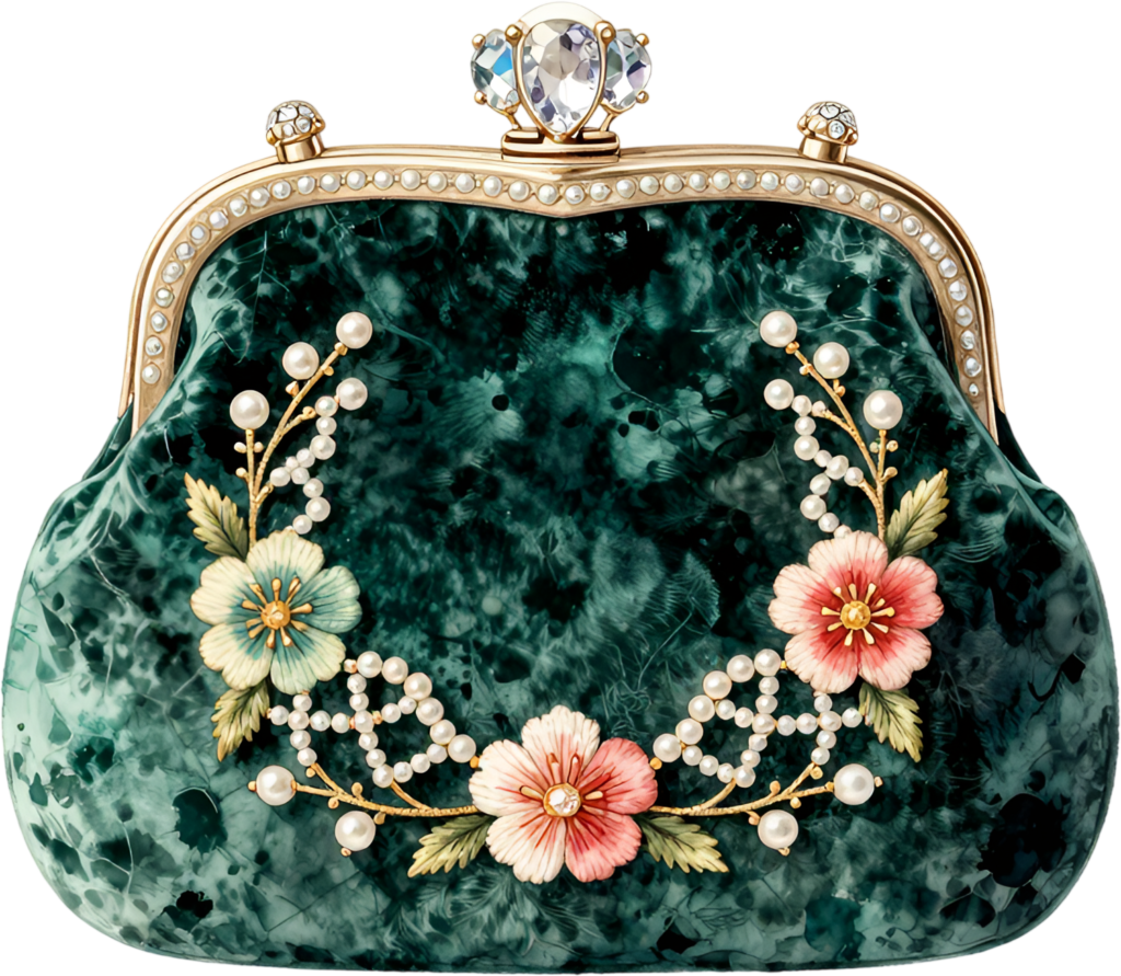 Festive emerald wreath clutch purse, adorned with colorful flowers and pearls, excellent for luxurious Bride PNG clipart.
