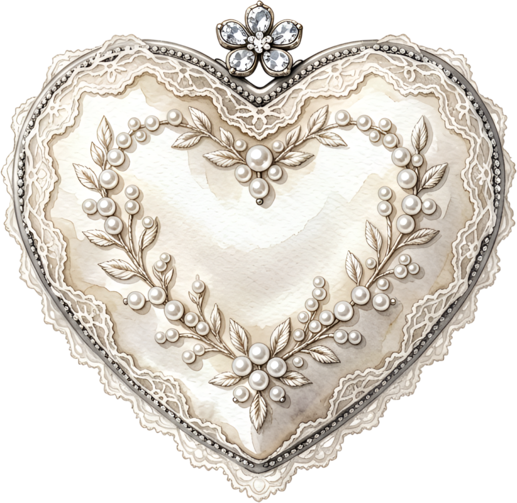 Sweet heart shaped clutch, a romantic pearl wreath design with lace, perfect for charming Bride PNG clipart.