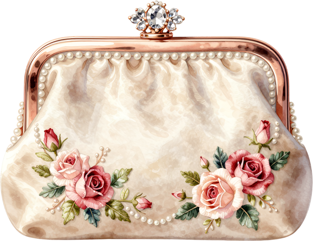 Elegant ruched rose clutch purse, exquisite cream design with pearls and blossoms, wonderful for romantic Bride PNG clipart.