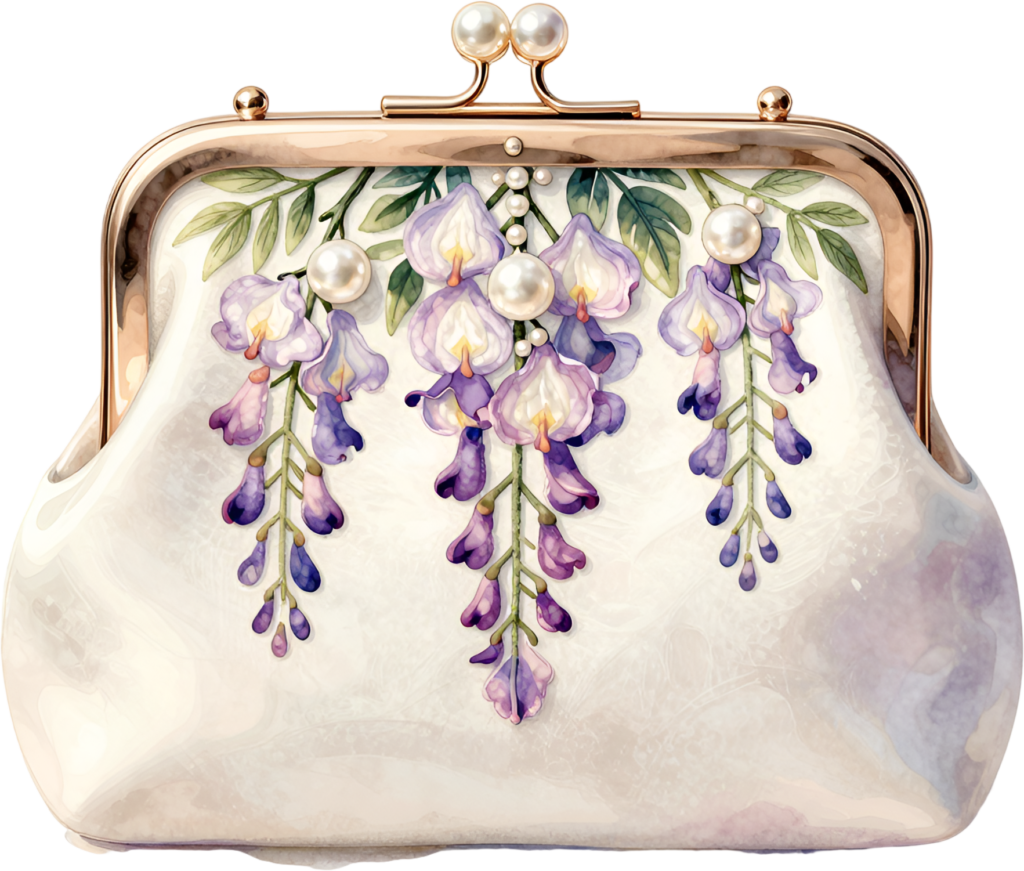 Graceful wisteria clutch purse, delicate cream design with purple flowers and pearls, ideal for charming Bride PNG clipart.